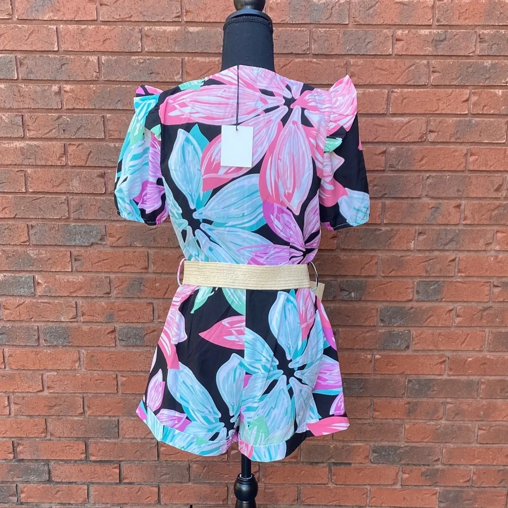 NWT Floral Wrap Romper in Pink, Aqua & Black L - Picture 7 of 14